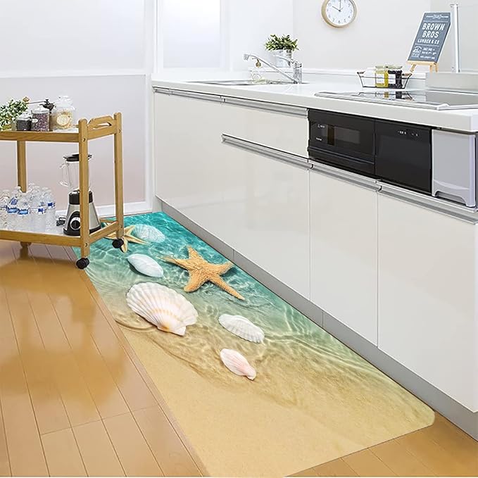 Bath Rugs Sponge Foam Absorbent Soft for Bathroom and Kitchen (71 x 24 inches), Flannel Mat Non Slip Bright 3D Print for Bedside and Living Room(Scallop Starfish)