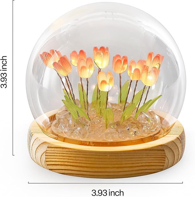 ONXE Birthday Christmas Flower Gifts for Women,Tulips Night Light Small Glass Flower Lamp with Wooden Base for Home Decor Romantic Unique Gift for Girlfriend Mom Sister Grandma Wife Her