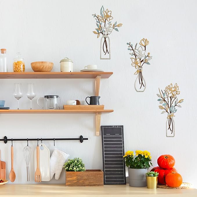 ARTINME 3 Pieces Metal Flowers Wall Arts - Rustic Farmhouse Decor Minimalist Flower Wall Decors for Living room Bathroom Kitchen Bedroom Dining Room - Housewarming Gifts (Beige)