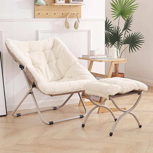 Saucer Chair with Ottoman, Oversized Dorm Chairs, X-Large Faux Fur Folding Chair, Foldable Metal Frame Chair for Bedroom, Living Room (Beige)