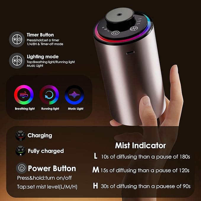 Waterless Essential Oil Diffuser, Portable Aromatherapy Diffuser,3 Countdown Timers & 3 Mist Levels for Home, Room, Car, Office (Pink)