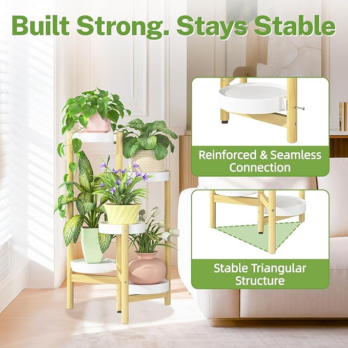 iDavosic.ly 5 Tier Bamboo Plant Stand Indoor Outdoor with Plastic Tray, Tiered Corner Flower Holder Shelf, Space Saving Orchid Display Rack for Patio Porch Living Room Garden Balcony, Natural White