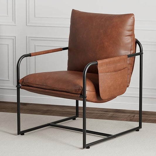 HOMMPA Sling Accent Chair, Steel Frame Lounge Arm Chair Living Room Chair with Side Storage Pocket, Faux Leather Surface Reading Accent Chair Mid Century Modern Bedroom Chair, Brown