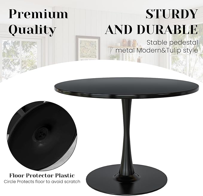 DKLGG Black Round Dining Table, 39.1" Tulip Kitchen Dining Table for 4-5 People with MDF Top & Pedestal Base, Mid-Century End Leisure Coffee Office Living Room Table