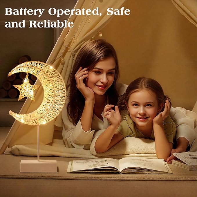 Lewondr Decorative Table Lamp, Christmas Moon Star Ramadan Desk Lamp Battery Powered Warm LED Crescent Light for Xmas Home Bedroom Bedside Desktop Nightstand Decoration, White