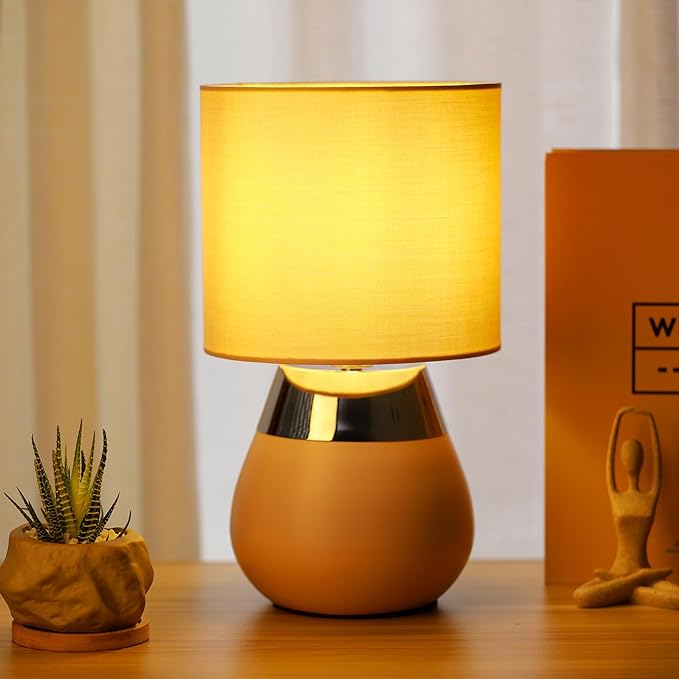Small Modern Touch Eye Protection Bedside Table Lamp, 7 x 7 x 12 Inch Pink Metal Base Table Lamp for Bedrooms and Office (Pink Fabric Lampshade)