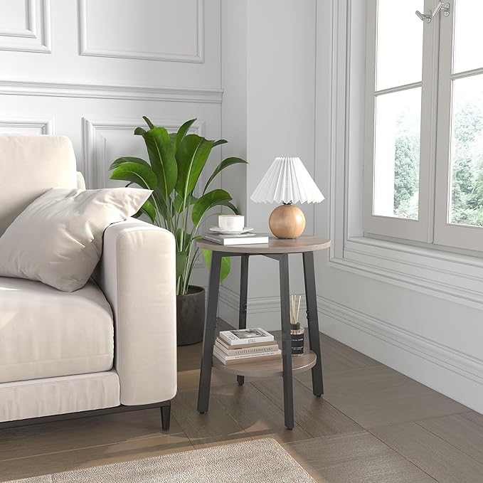 Side Table, Small Round End Table with Storage Shelf for Small Space, 2-Tier Bedside Table Sofa Couch Table, Round Accent Table Nighstands for Living Room, Bedroom, Grey