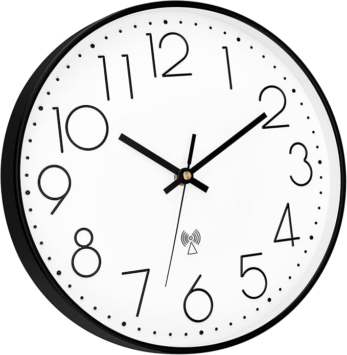 Foxtop Atomic Wall Clock Battery Operated Round Analog Modern Wall Clock Sets Automatically for Office Classroom Bedroom Kitchen Living Room (Black)