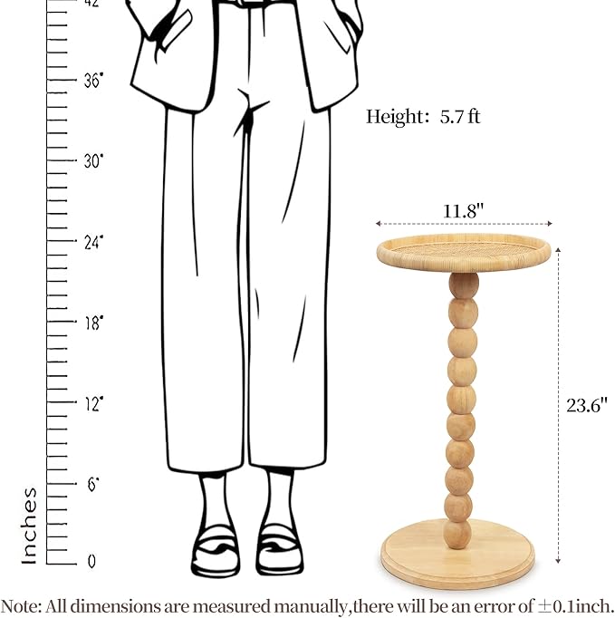 Round Side Table, Solid Wood Small Drink Table for Small Spaces, Boho Rattan End Table for Living Room, Modern Accent Table for Couch, Bedroom, Corners