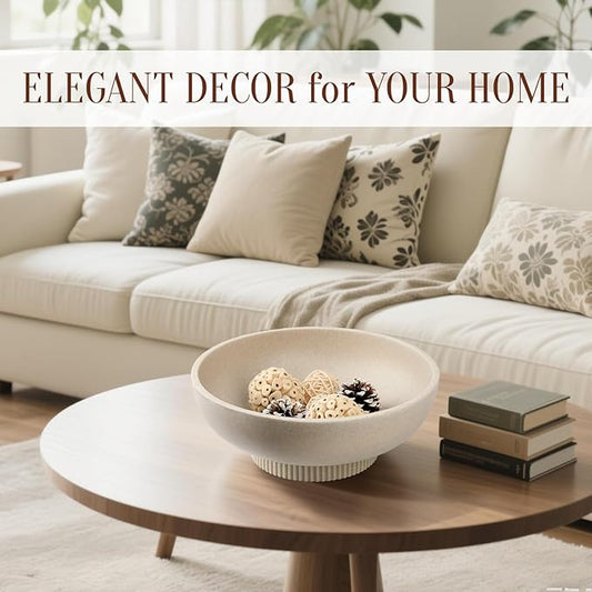 Large Resin Pedestal Decorative Bowl - Modern Handicraft Bowls for Home Decor - Fruit Bowl for Kitchen Counter - Key Bowl for Entryway Table,Artificial Stone Beige