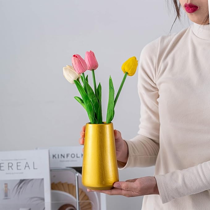 Gold Vase - 6" Gold Ceramic Flower vase for Home/Table/Accent Decor, Minimalist Modern Vases Ceramic for Centerpieces, Room Decor, Living Room, Bedroom or Gift