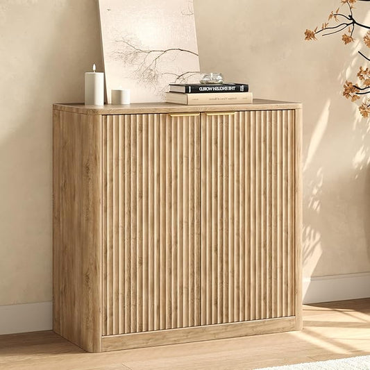 Evermagin 31.5" Oak Buffet Cabinet with Storage, Fluted Sideboard Cabinet with Adjustable Shelves，Boho Credenza, Console Table with 2 Doors for Dining Room, Kitchen, and Living Room