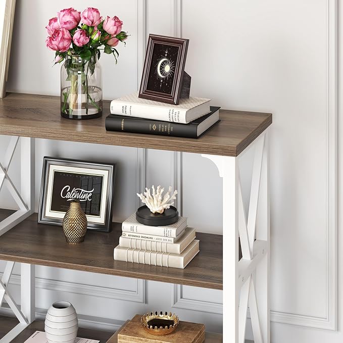 IBF Farmhouse Entryway Table, Wood TV Console Table, Long Rustic Metal Sofa Table, Industrial Hallway Table with Storage Shelves, Modern Foyer Tables for Front Entry Way, White and Rustic Oak, 55 in