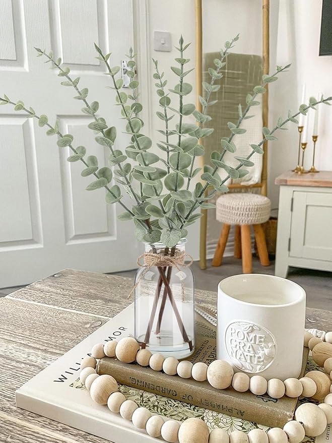 Artificial Eucalyptus Stems in Glass Vase with Faux Water，15.75" Fake Plants for Home Decor, Coffee Table Centerpieces, Office, Bathroom & Farmhouse Weddings - Faux Greenery Plants Decorations
