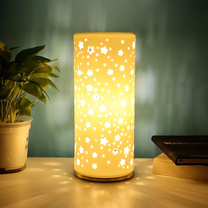 Small Modern Ceramics Bedside Table Lamp, 4.5 x 4.5 x 11 Inch White Starlight Style Nightstand Lamps, Side Table Lamps for Bedroom Living Room Entryway Table Light