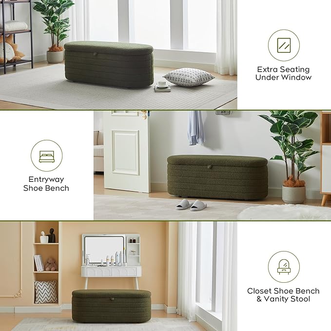Storage Ottoman Bench End of Bed for Bedroom,45 inch Boucle Upholstered Entryway Shoe Seat Bench w/ Storage,Sherpa Modern Cute Padded Blanket Chest Stool Foot Rest for Living Room,Window Seating,Green
