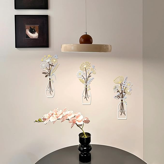 3 Pieces Metal Flowers Wall Art Decor, House Minimalist Bathroom Wall Decors Sculptures for Living Room Dining Room Bedroom Housewarming Gifts