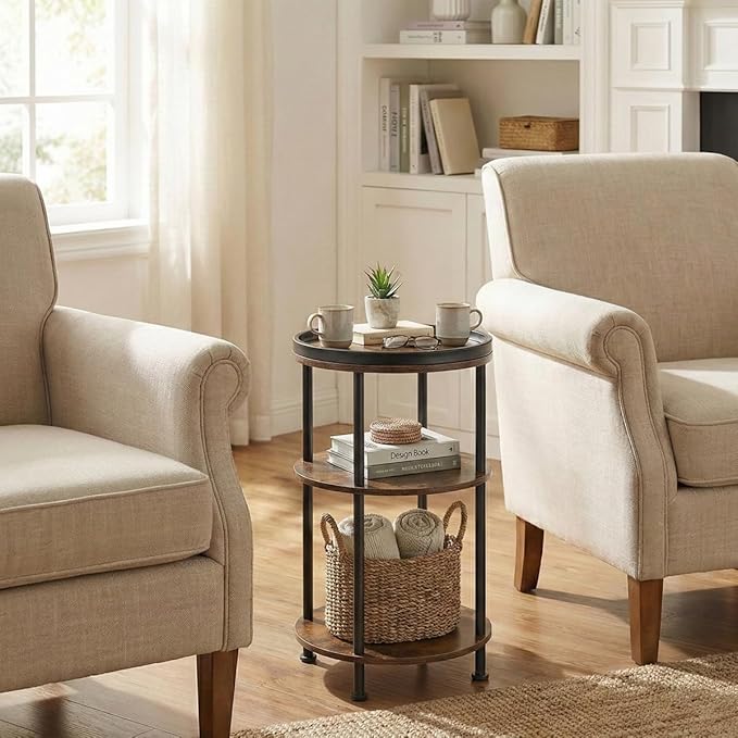 Small Round Side Table with Tray Top (Patented Design), 11.8" Narrow End Table for Small Spaces, 3-Tier Industrial Nightstand, Original Rustic Accent Furniture for Living Room Bedroom, Rustic Brown