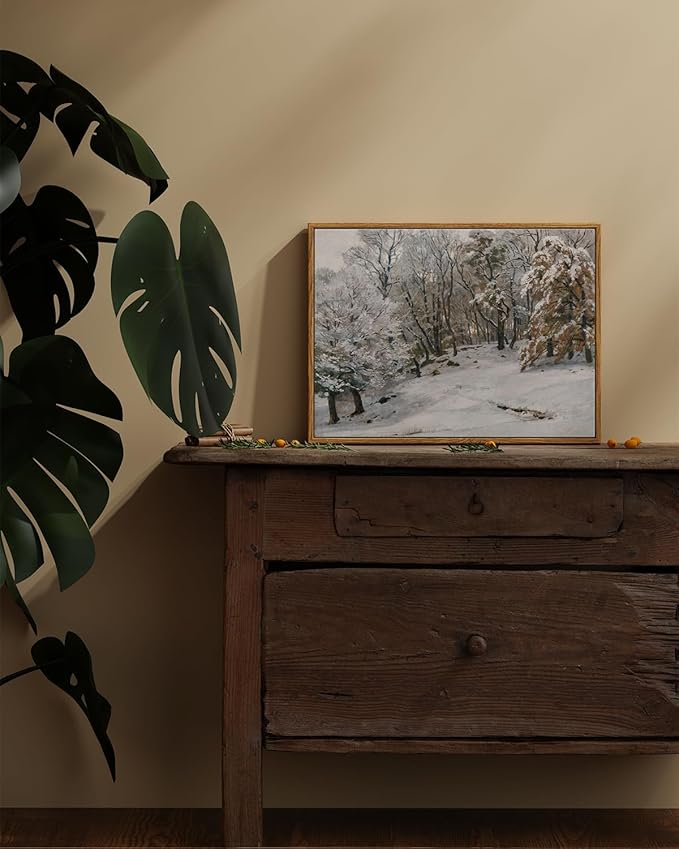 ARPEOTCY Framed Canvas Wall Art, Winter Landscape Christmas Decor, Living Room Snow Scenery Paintings Wall Decor, Home Bedroom Bathroom Vintage Decorations, Christmas Holiday Gifts, 12x16 Inch