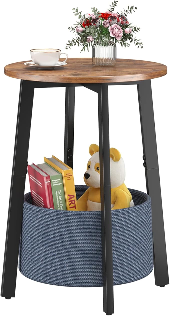 Small Round Side End Table with Cloth Storage Basket, Round Bedside Sofa Couch Coffee Tables for Small Places with Metal Frame, Modern Nighstands for Living Room Bedroom, Rustic Brown