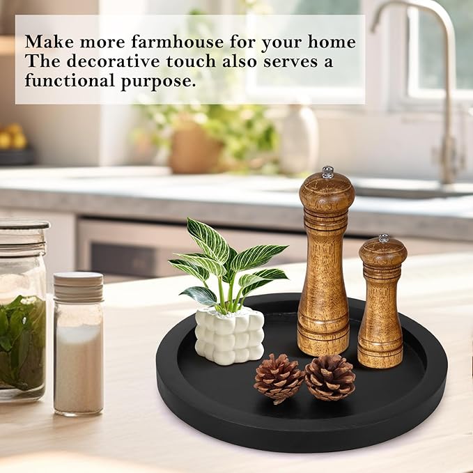 Round Decorative Tray for Coffee Dining Table Countertop Small Wooden Serving Trays Farmhouse Kitchen Home Living Room Decor and Bathroom Accessories Tray Black Rustic Wood Candle Centerpiece Trays
