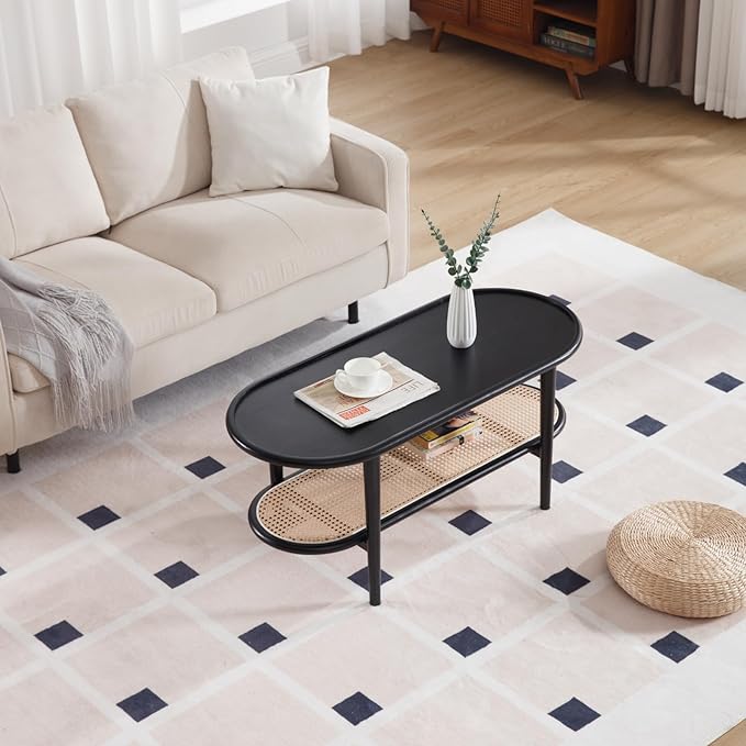 Modern Rattan Coffee Table, 39.5 Oval Black Wood Coffee Table with Storage Shelf for Living Room, 2-Tier Center Table Entryway Table Side Table Nightstand for Bedroom Office Small Space Cafe