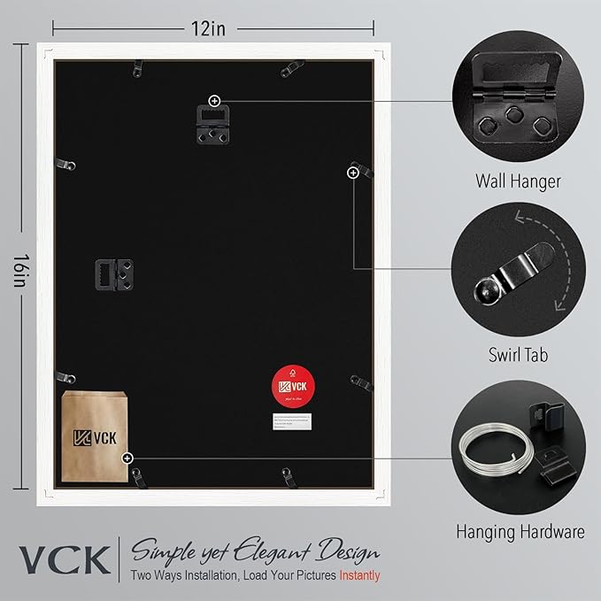 VCK 12x16 Picture Frame 2 Pack - White, High-End Wood Poster Frames with Tempered Glass, Display 8.5x11 Photo with Mat or 12x16 without Mat, Art Gallery-Quality, Wall Hanging, White
