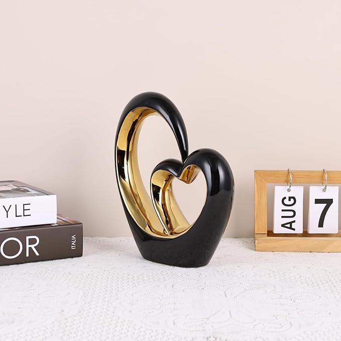 LCCCK Porcelain Double Heart Decor,Black and Gold Sculpture Home Decor for Living Room Entryway Coffee Dining Table Shelves, Wedding Anniversary, Valentine's Gift for Couples & Lovers Modern