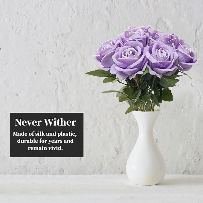 10 PCS Artificial Roses with Long Stems Silk Flowers Realistic Foam Flowers Fake Roses for Valentine's Day Home Wedding Halloween Decor(Light Purple)