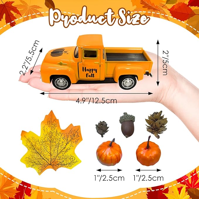 Thanksgiving Fall Decorations Indoor Farmhouse Vintage Metal Truck with Mini Fake Pumpkins Acorn Pine Cones Harvest Decor for Fall Tiered Tray Thanksgiving Centerpieces for Table Home Kitchen Party