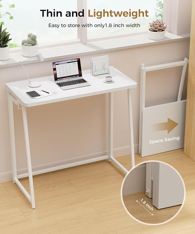 Folding Desk Small Foldable Desk for Small Space, 31.5 Inches Writing Computer Desks in Study, Home Office Foldable Office Desks for Bedroom, White