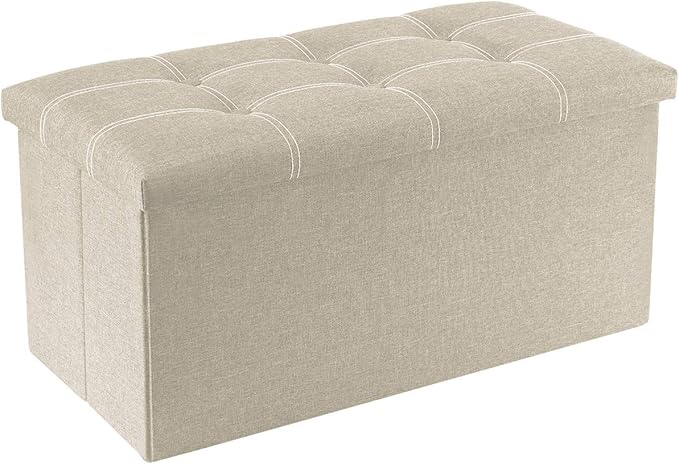 YOUDENOVA 30 inches Folding Storage Ottoman, Ottoman with Footrest Seat Support 350lbs, Storage Bench for Living Room Bedroom, Linen Fabric Beige