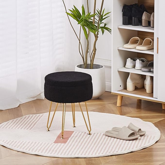 Wimarsbon Storage Ottoman,Teddy Velvet Vanity Stool,Soft Padded Seat,Round Footrest with Removable Cover and Adjustable Legs,Modern Decorative Accent Footstool or End Table for Hallway (Black)
