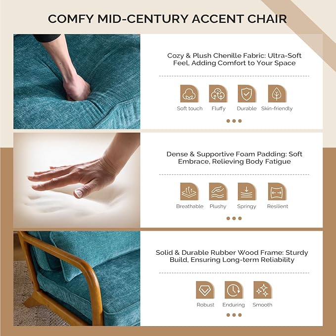 VINGLI Chenille Mid-Century Modern Accent Chair, Cute Reading Arm Chair with Cushion & Lumbar Pillow & Solid Wood Frame for Lounge, Living Room, Reading Room, Bedroom, Turquoise
