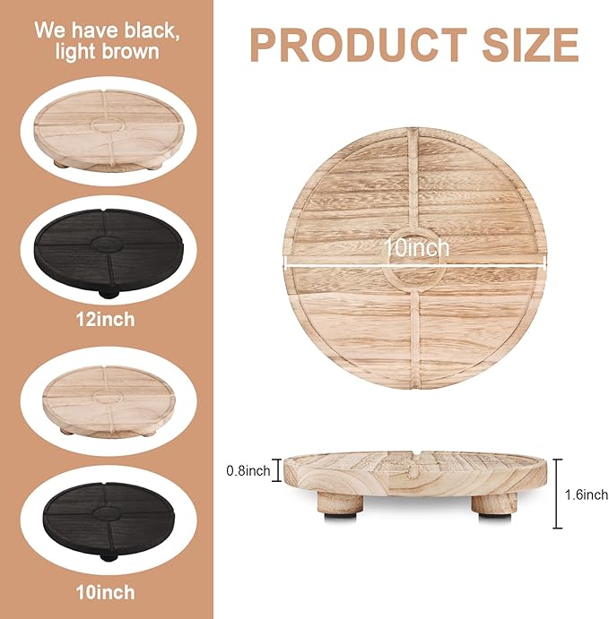 12'' Round Wooden Tray Pedestal Stand, Farmhouse Bathroom Decor Riser for Soap Dispenser, Perfume, Candle, 12'', Light Brown