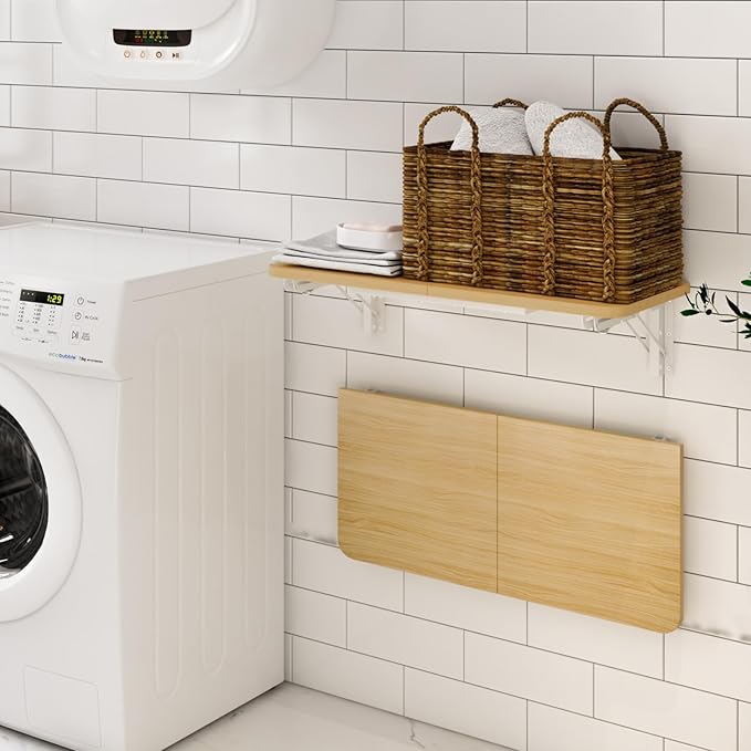 TEAMIX Wall Mounted Folding Table, Floating Desk for Small Spaces, Drop Leaf Dining Table for Kitchen Fold Down Laundry Shelf with Heavy-Duty Brackets