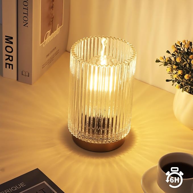 Battery Operated Lamp, Cordless Table Lamp with Timer, Desk Bedside Lamps with LED Warm Light, Glass Small Table Lamp for Bedroom, Bathroom, Living Room, Home Decor - Transparent