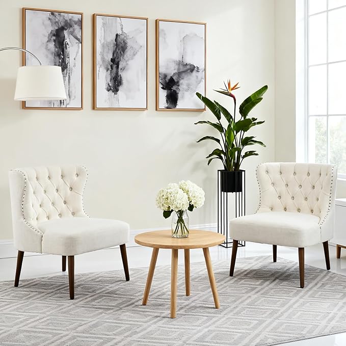 chairus Tufted Slipper Accent Chairs Set of 2, Linen Upholstered Armless Living Room Chairs with Nailhead Trim, Mid-Century Modern Wingback Side Chairs for Bedroom Office Reception, Beige