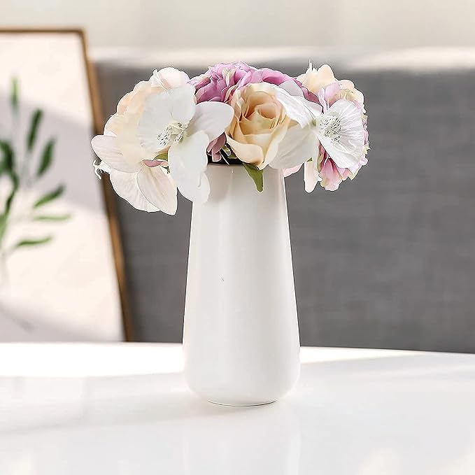 D'vine Dev 8 Inch Ceramic Flower Vase Matte Finishing, Minimalist Design for Home Décor, Bedroom, Living Room, Centerpieces, Office, White, VS-XH-D-1