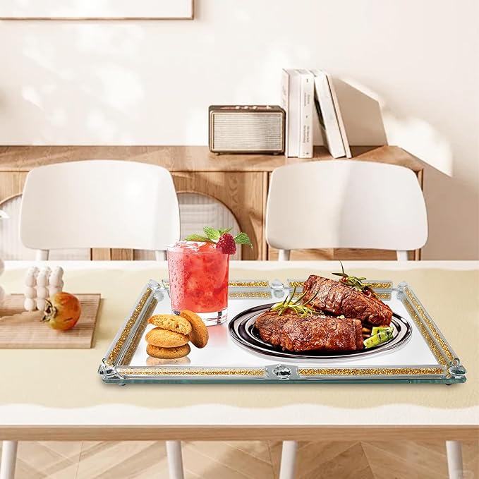 Large Mirror Perfume Tray for Dresser,Crushed Diamond Filled Glass Vanity Tray,Gold Decorative Bathroom Tray,Crystal Tray for Home Decorative,Party,Hotel Banquet,15.7x11.8x1.4inch,Gold