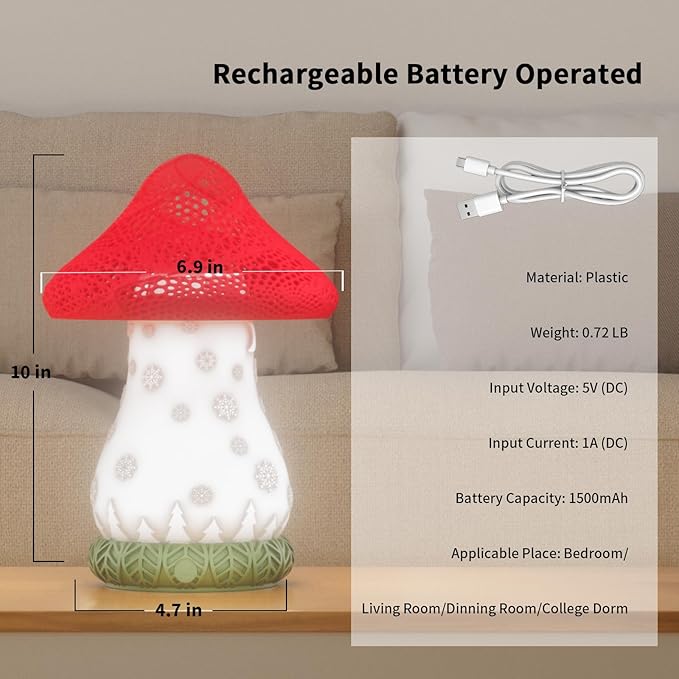 Mushroom Lamp, Cute Desk Lamp, Battery Operated Bedside Lamp as a Christmas Gift, 3-Way Dimmable Touch Lamp, Auto-Rotating Rechargable LED Night Light for Bedroom, Living Room.