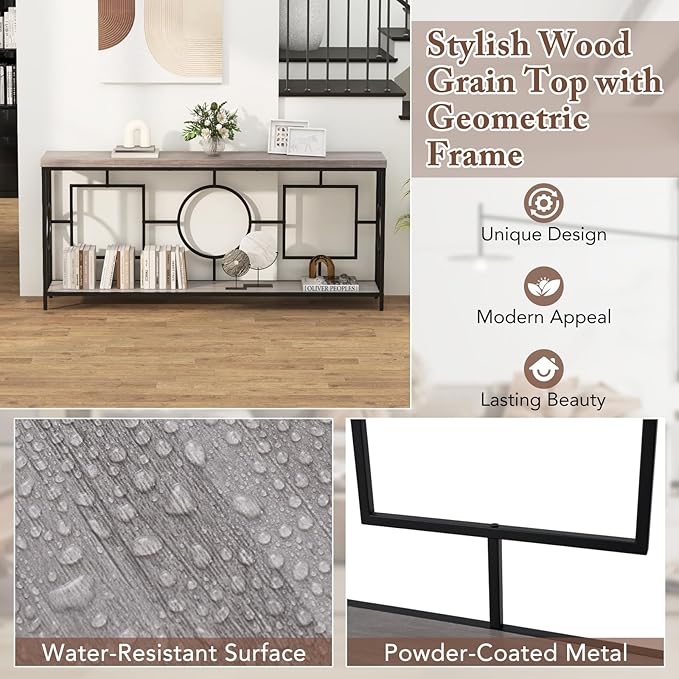 Giantex 71" Console Table, 2-Tier Extra-Long Entryway Table w/Storage Shelf, Faux Wood Top, Narrow Sofa Table with Geometric Frame, Behind Couch Entry Table for Living Room, Hallway, Foyer