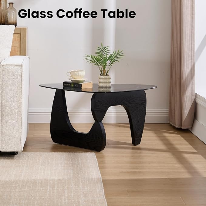DUOMAY Modern Triangle Glass Coffee Table, 16 Inch High Glass Top Abstract Small End Table with Solid Natural Wood Base, Tea Table Suitable for Living Room, Office, Patio, Apartment, Black Wood