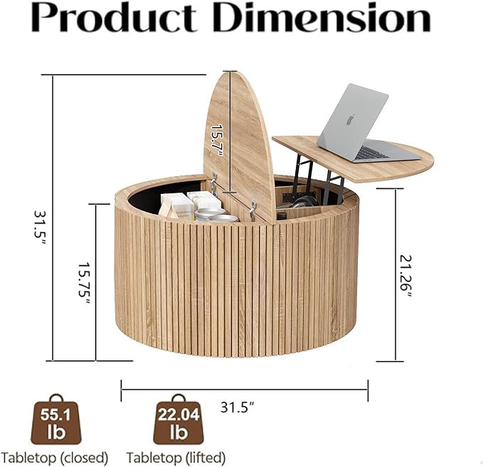 Round Fluted Lift Top Coffee Table, Mid Century Modern Center Table with Storage and Compartment, 2 Tier Small Circle Dining Table, for Living Room, Home Small Space, Natural