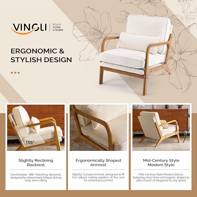 VINGLI Chenille Mid-Century Modern Accent Chair Set of 2, Cute Reading Arm Chair with Cushion & Lumbar Pillow & Solid Wood Frame for Lounge, Living Room, Reading Room, Bedroom,Cream