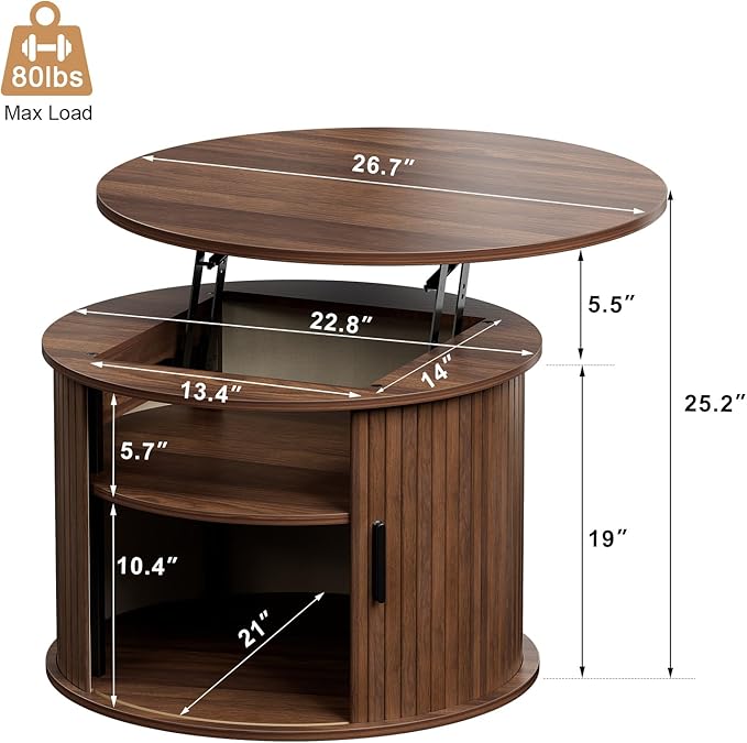 FABATO Round Lift Top Coffee Table, Fluted Wood Accent Coffee Table with Hidden Storage and Open Shelves, Drum Table with Sliding Rolling Door, Small Center Table Dining Table for Living Room, Walnut