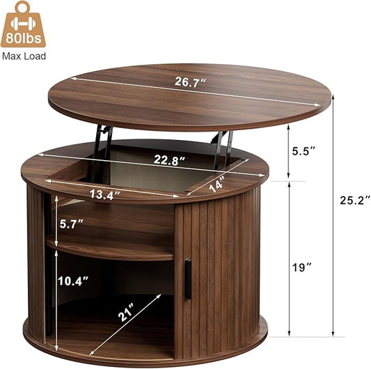 FABATO Round Lift Top Coffee Table, Fluted Wood Accent Coffee Table with Hidden Storage and Open Shelves, Drum Table with Sliding Rolling Door, Small Center Table Dining Table for Living Room, Walnut