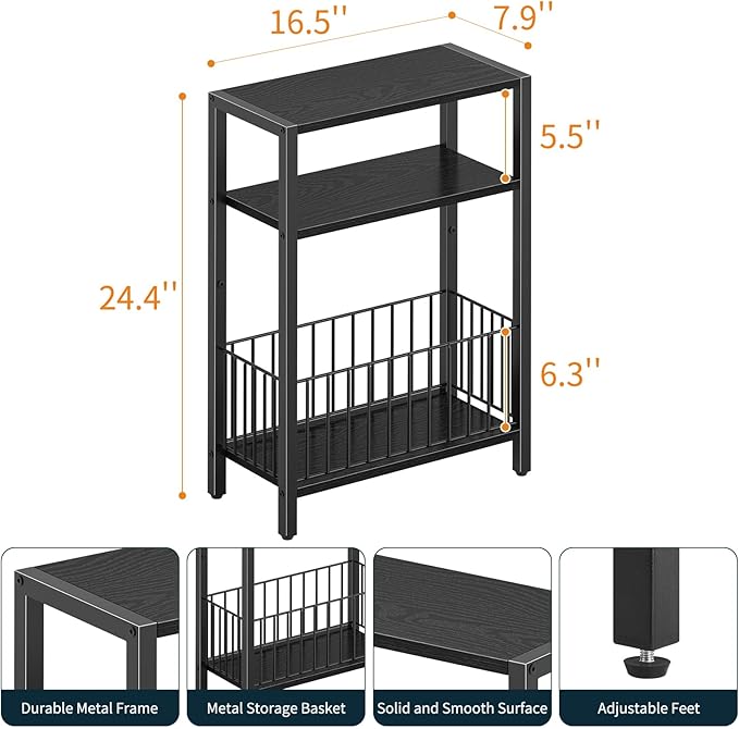 Yoobure Narrow Side Table with Storage Basket, Small End Table for Small Spaces, Skinny Side Tables Living Room Bedroom Office, Slim Nightstand 3 Tier Bedside Table Space-Saving for Magazine, Black