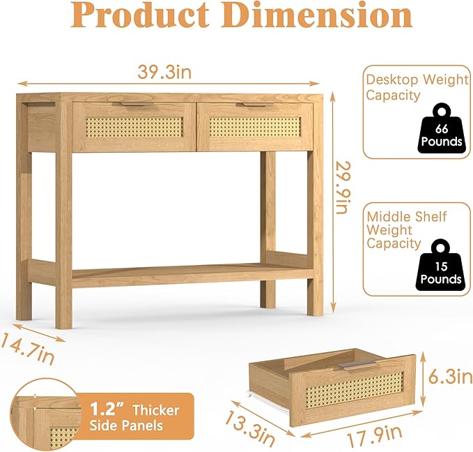 Rattan Console Table for Entryway, Boho Narrow Sofa Tables with Storage Shelf and 2 Drawers for Behind Couch Living Room, Hallway, Entrance, Natural Wood