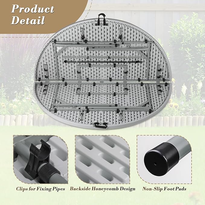 Athena Collection 5.5 ft Plastic Folding Dining Table, Large Foldable Round Card Table Portable with Carry Handle Heavy Duty Fold-in-Half for Indoor Outdoor Party Camping, Grey